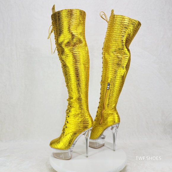 Bulls Metallic Yellow Gold OTK Clear Platform High Heel Thigh Boots - Picture 1 of 8